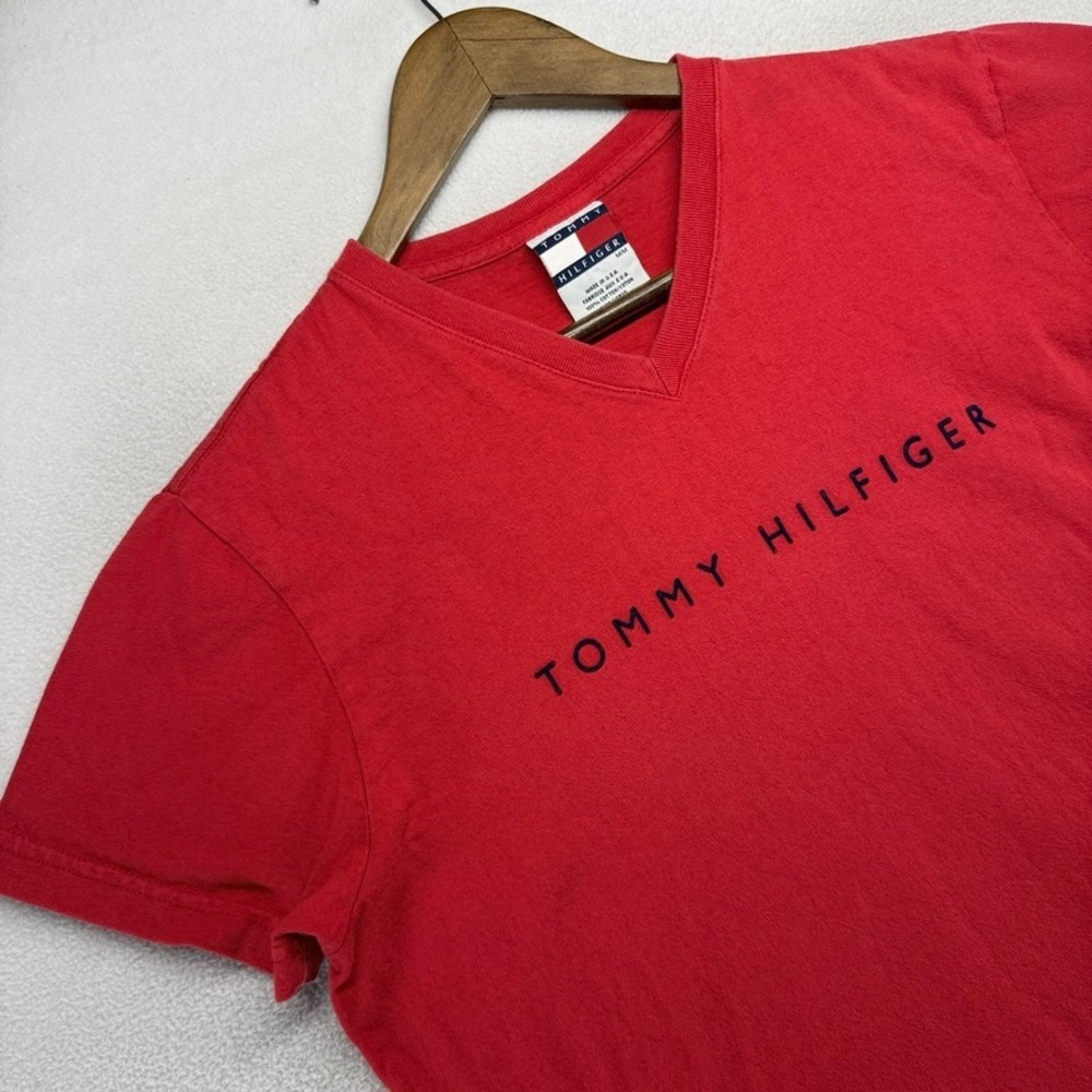 Vintage Tommy Hilfiger Shirt men's Medium Red Suede Spellout V neck USA Made 90s